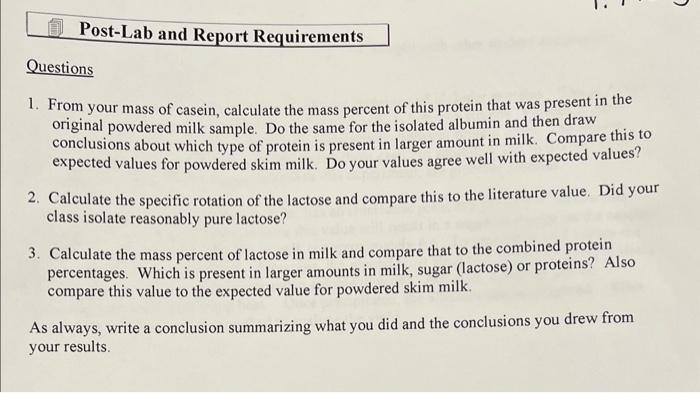 Isolation of Lactose and Protein from Milk LabPart 1: | Chegg.com
