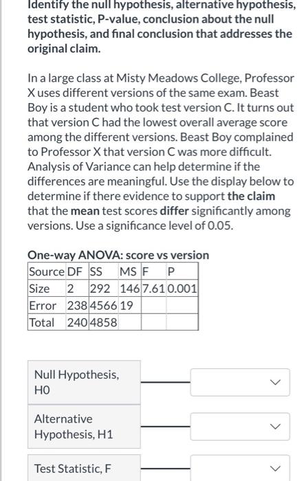 Solved Identify The Null Hypothesis Alternative Hypothesis