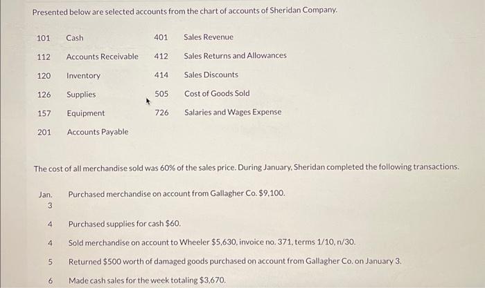 Presented below are selected accounts from the chart of accounts of Sheridan Company.
The cost of all merchandise sold was \(