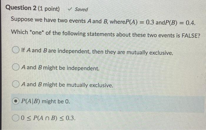 Solved Question 2 (1 point) Saved Suppose we have two events | Chegg.com