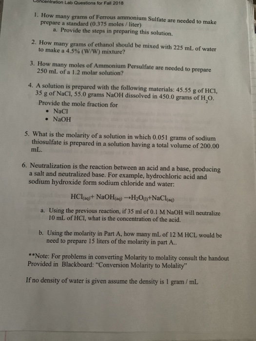 Solved Tration Lab Questions For Fall 2018 1 How Many Grams Chegg Com