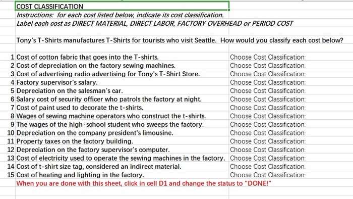 Solved COST CLASSIFICATION Instructions for each cost listed | Chegg.com