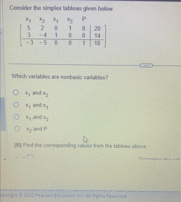 Solved Consider The Simplex Tableau Given Below. (A) Which | Chegg.com