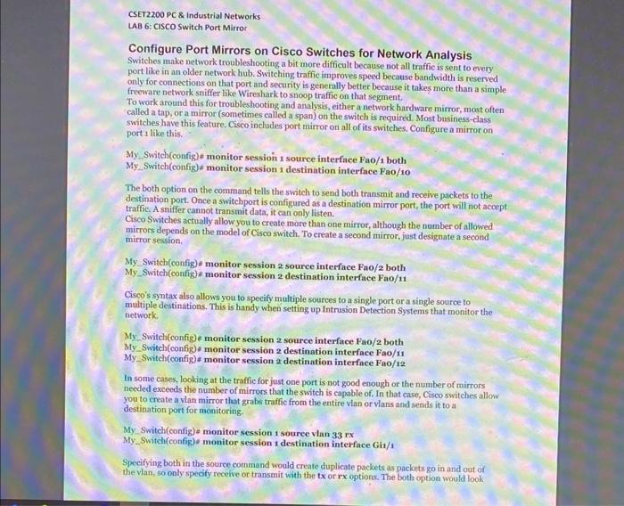 Solved LAB 6 CisCO Switch Port Mirror Configure Port