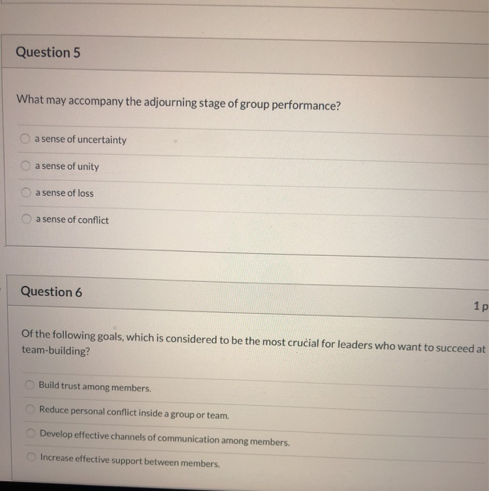 Solved Question 5 What may accompany the adjourning stage of | Chegg.com