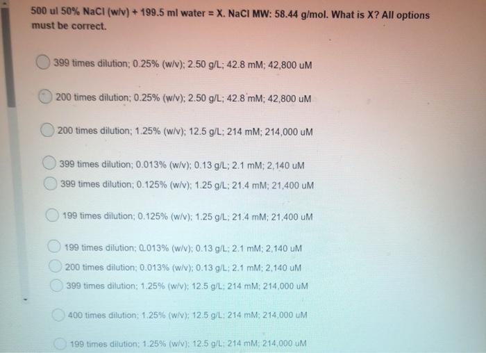 Solved 50 Ml 5 Nacl W V 50 Ml Water X Naci Mw 58 Chegg Com