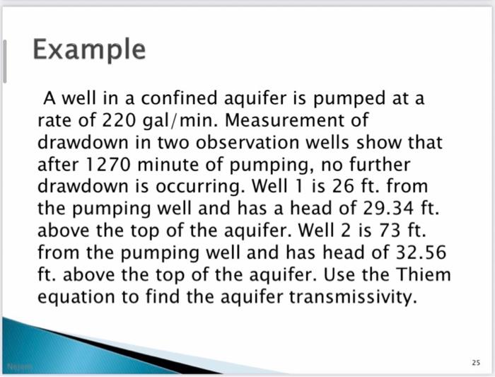 Solved Example A well in a confined aquifer is pumped at a | Chegg.com