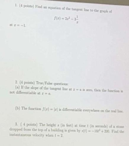 Solved 1. (4 pointa) Find an equation of the tangrot line to | Chegg.com