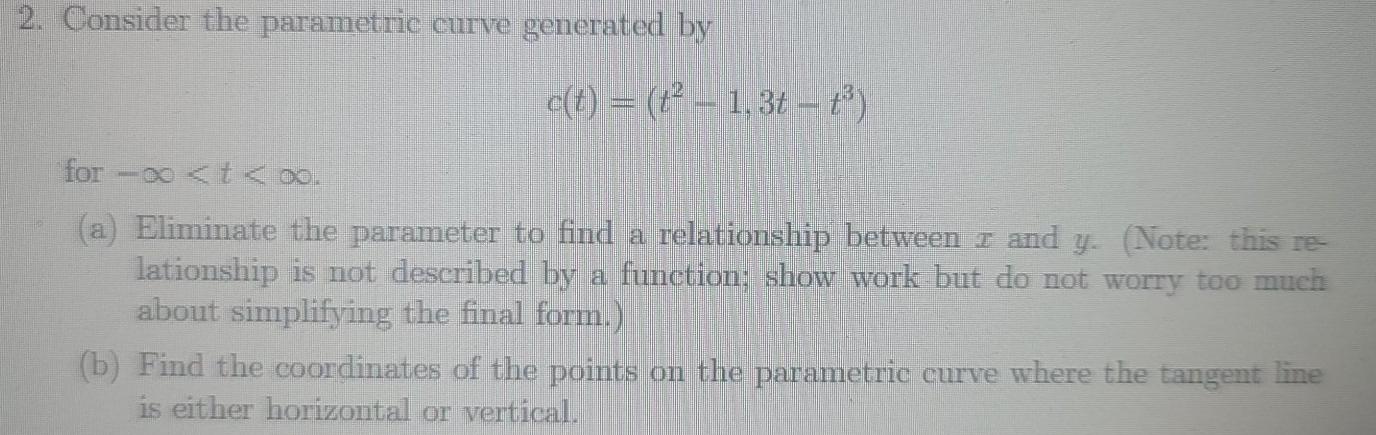 Solved 2. Consider the parametric curve generated by c(t) = | Chegg.com