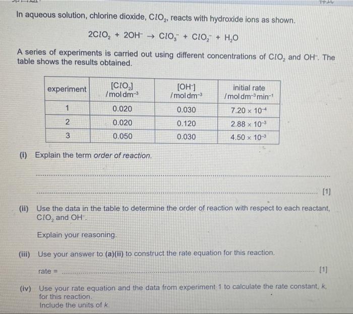 In aqueous solution, chlorine dioxide, \( \mathrm{ClO}_{2} \), reacts with hydroxide ions as shown.
\[
2 \mathrm{ClO}_{2}+2 \