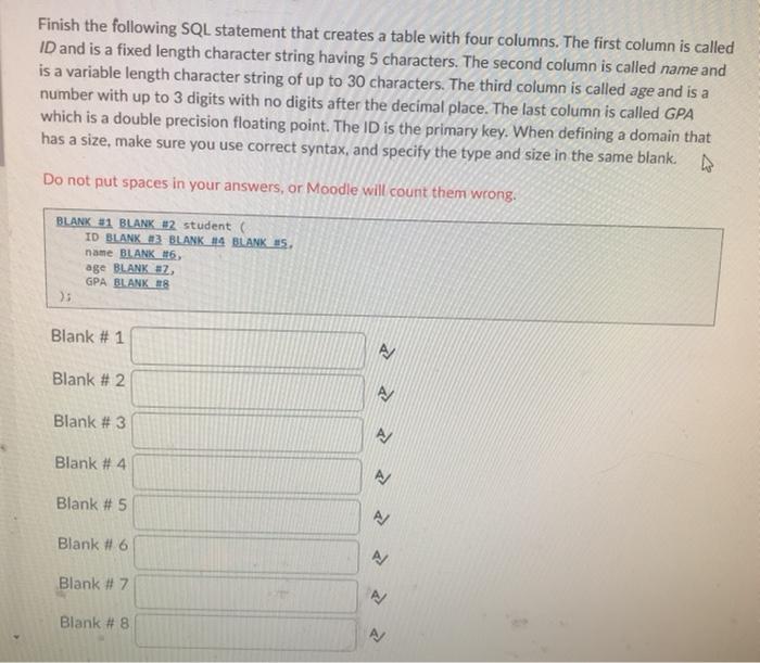 Solved Finish the following SQL statement that creates a | Chegg.com