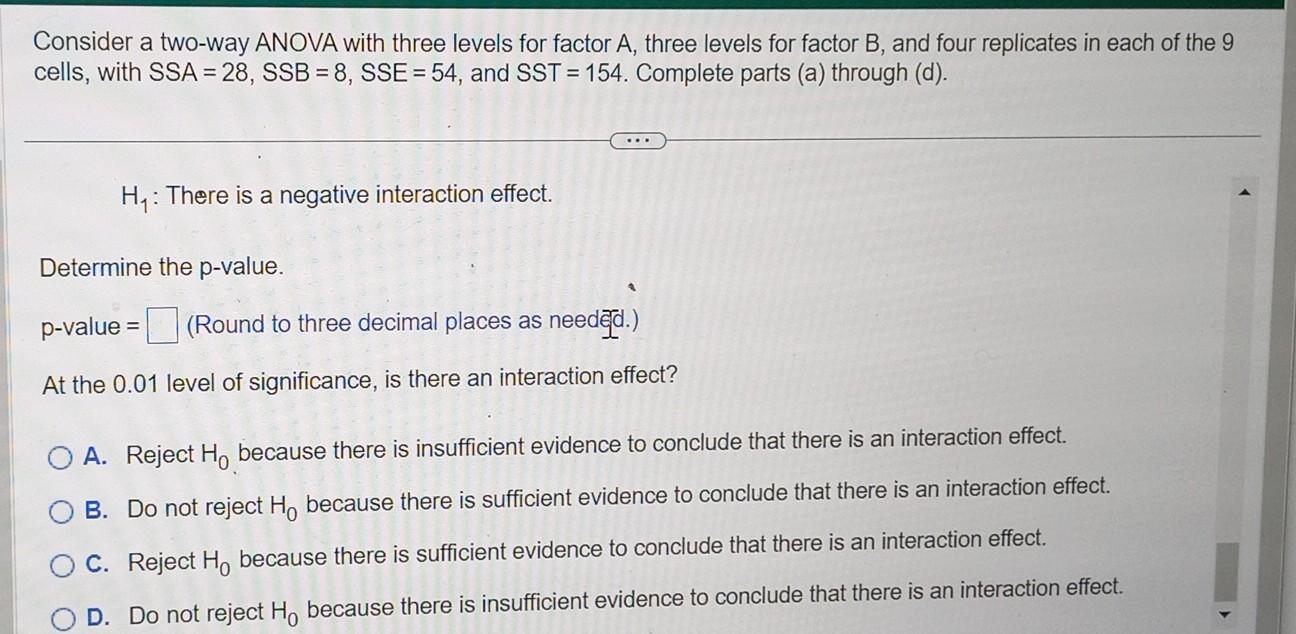 Solved Consider a two-way ANOVA with three levels for factor | Chegg.com