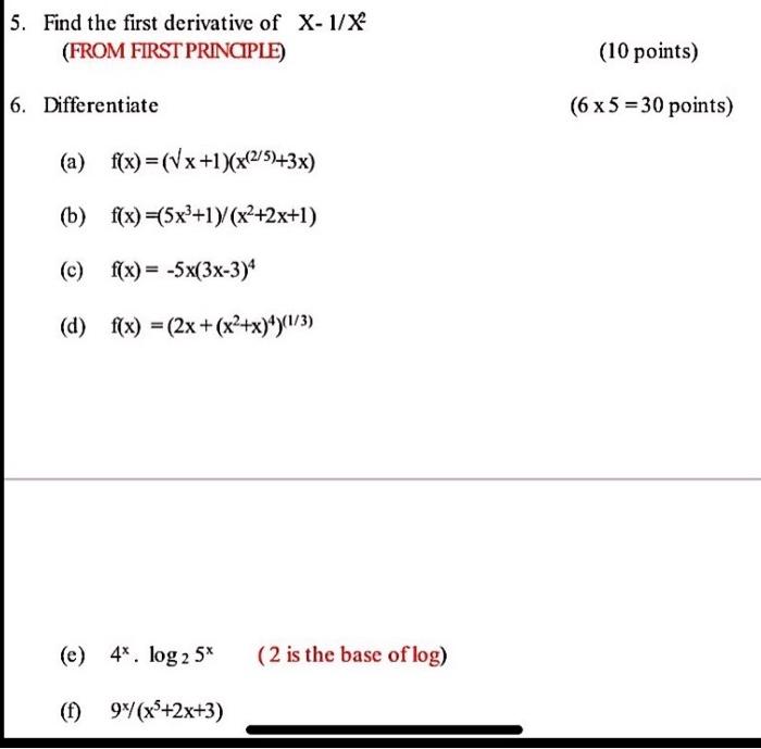 Solved 5. Find the first derivative of X-1/X (FROM FIRST