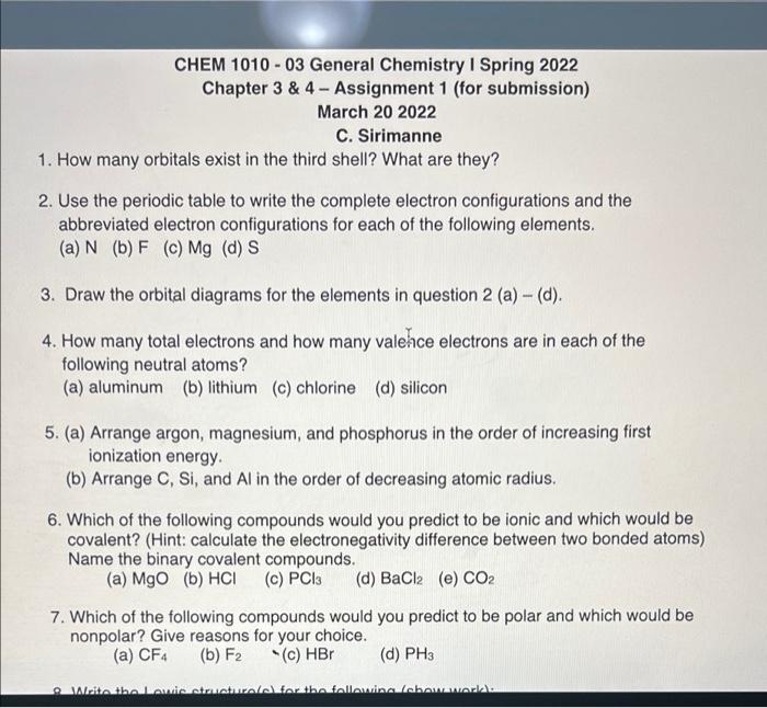 Solved CHEM 1010-03 General Chemistry 1 Spring 2022 Chapter | Chegg.com
