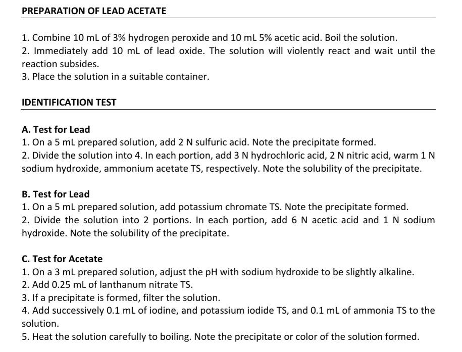 Solved PREPARATION OF LEAD ACETATE 1. Combine 10 mL of 3