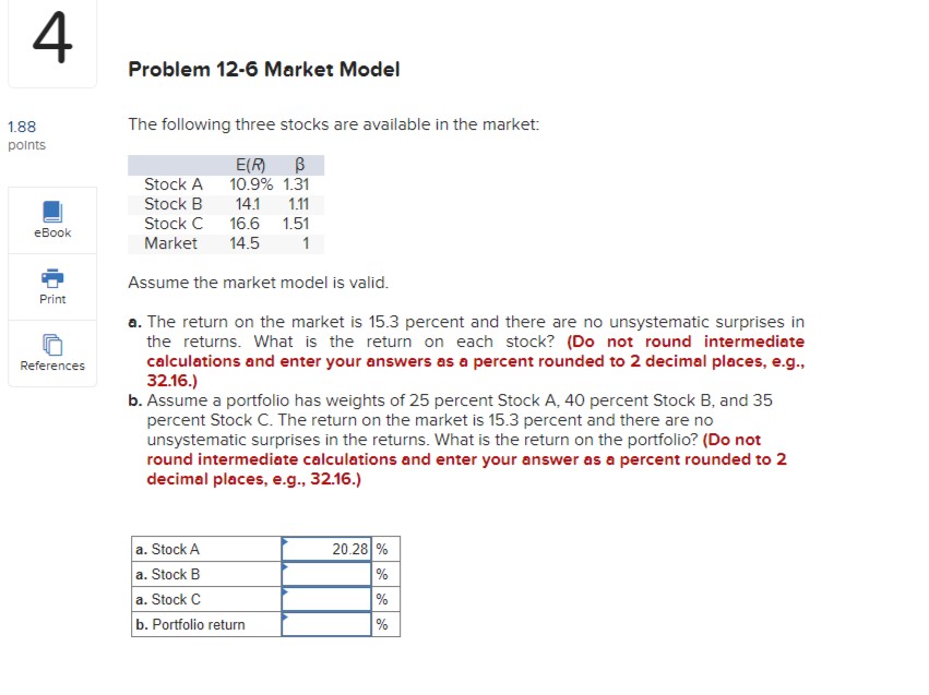 Stock Problem Stat Solved Problem 12-6 Market ModelThe following three stocks | Chegg.com