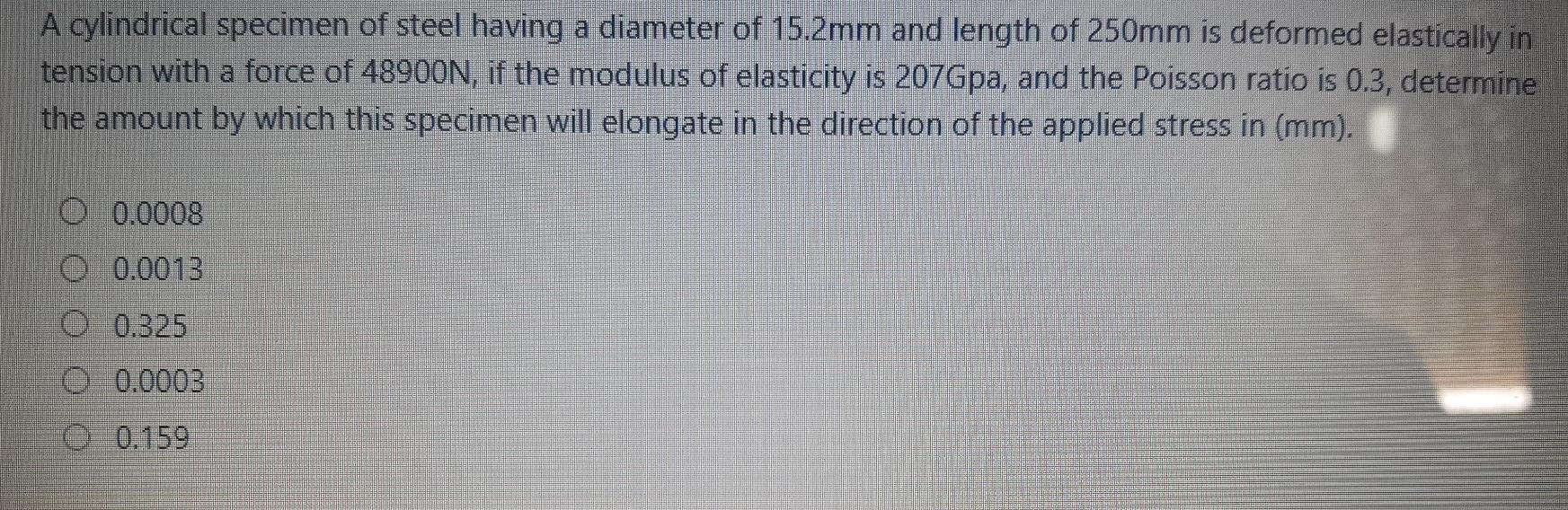 Solved A cylindrical specimen of steel having a diameter of | Chegg.com