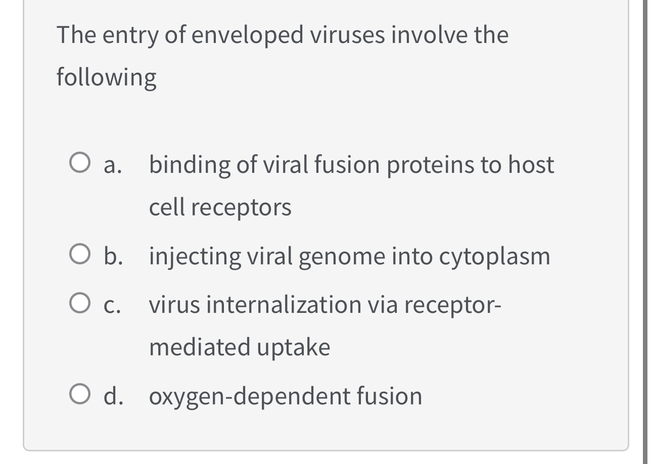 Solved The entry of enveloped viruses involve the | Chegg.com