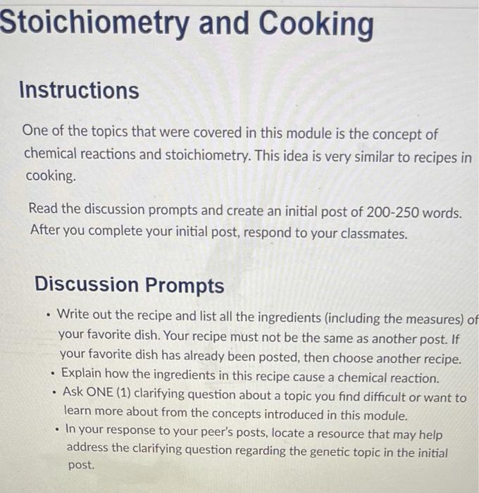 Solved Stoichiometry and Cooking Instructions One of the | Chegg.com