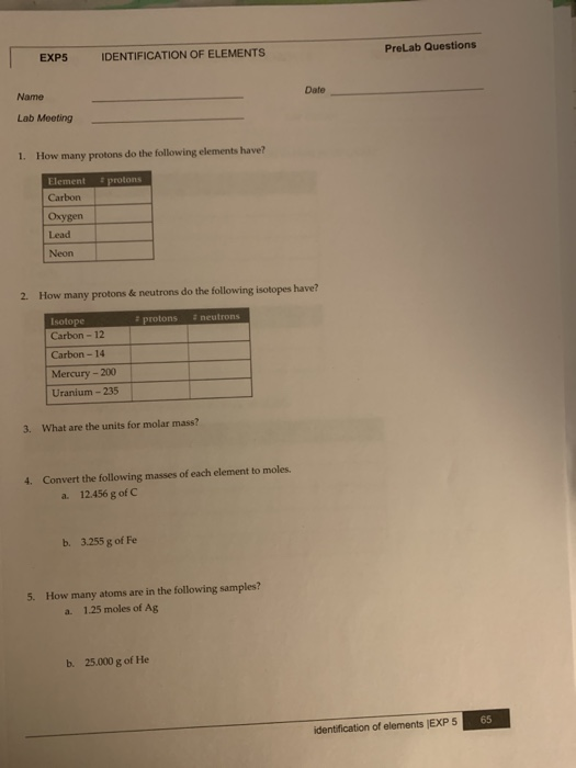 Solved PreLab Questions EXP5 IDENTIFICATION OF ELEMENTS Date | Chegg.com
