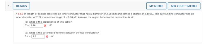 Solved A 63.0 -m length of coaxial cable has an inner | Chegg.com