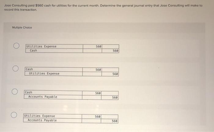 Solved Jose Consulting paid $560 cash for utilities for the 