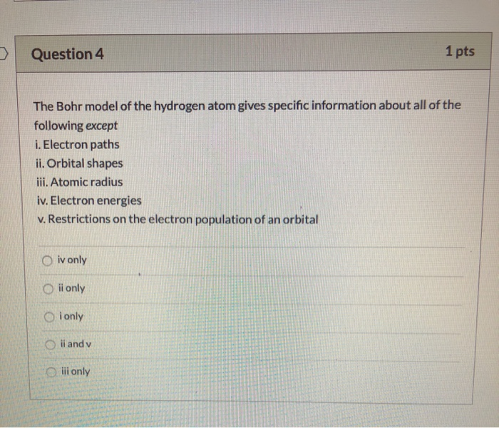 Solved Question 4 1 pts The Bohr model of the hydrogen atom | Chegg.com