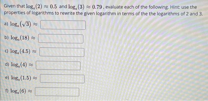 Solved Given That Log (2)≈ 0.5 And Log (3)≈ 0.79, Evaluate | Chegg.com