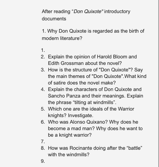 Solved After Reading “Don Quixote" Introductory Documents 1. | Chegg.com