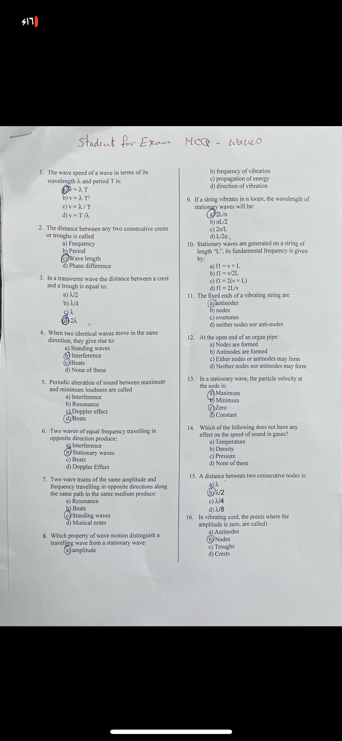 417Student for Exam MCQ - ﻿wavesThe wave speed of a | Chegg.com