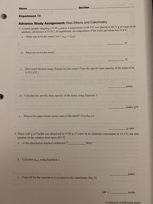 Solved Name Section Experiment 14 Advance Study Assignment: | Chegg.com