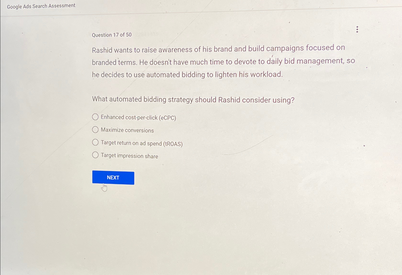 Solved Google Ads Search AssessmentQuestion 17 ﻿of 50Rashid