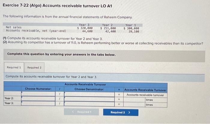 Solved Exercise 7-22 (Algo) Accounts receivable turnover LO | Chegg.com