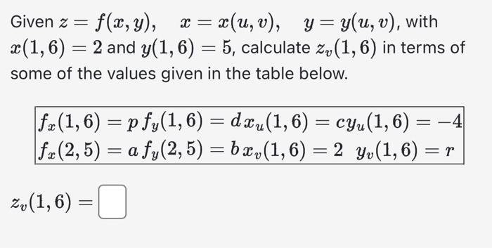 Solved Given z=f(x,y),x=x(u,v),y=y(u,v), with x(1,6)=2 and | Chegg.com
