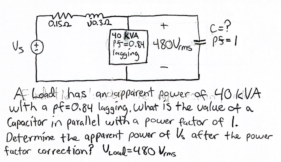 Solved A Load has an apparent power of 40kVAwith a pf=0.84 | Chegg.com