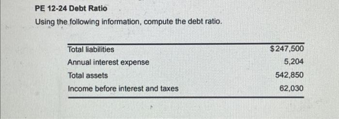 Solved PE 12-24 Debt Ratio Using the following information, | Chegg.com