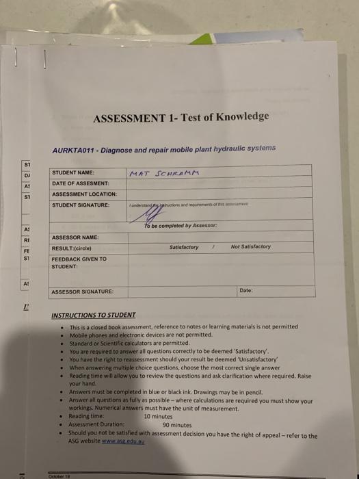 Solved ASSESSMENT 1- Test of Knowledge AURKTA011 - Diagnose | Chegg.com