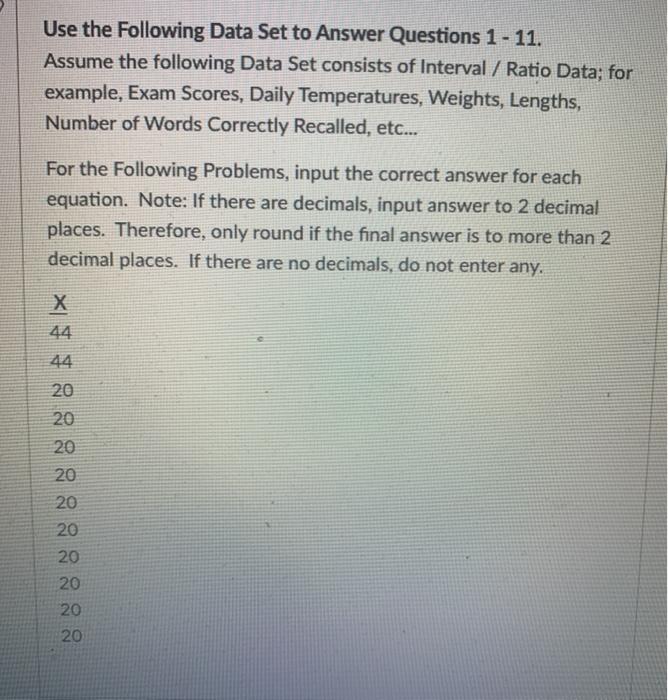 Solved Use the following Data Set to Answer Questions 1 - | Chegg.com