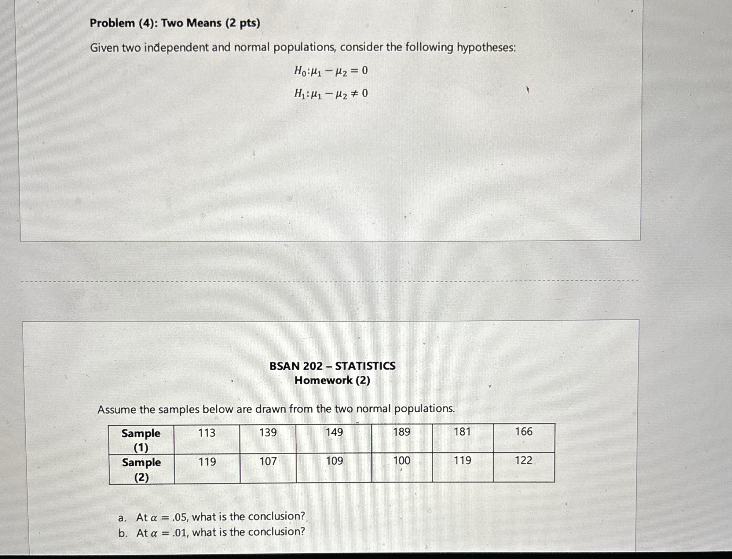 Solved Problem (4): Two Means (2 ﻿pts)Given two independent | Chegg.com