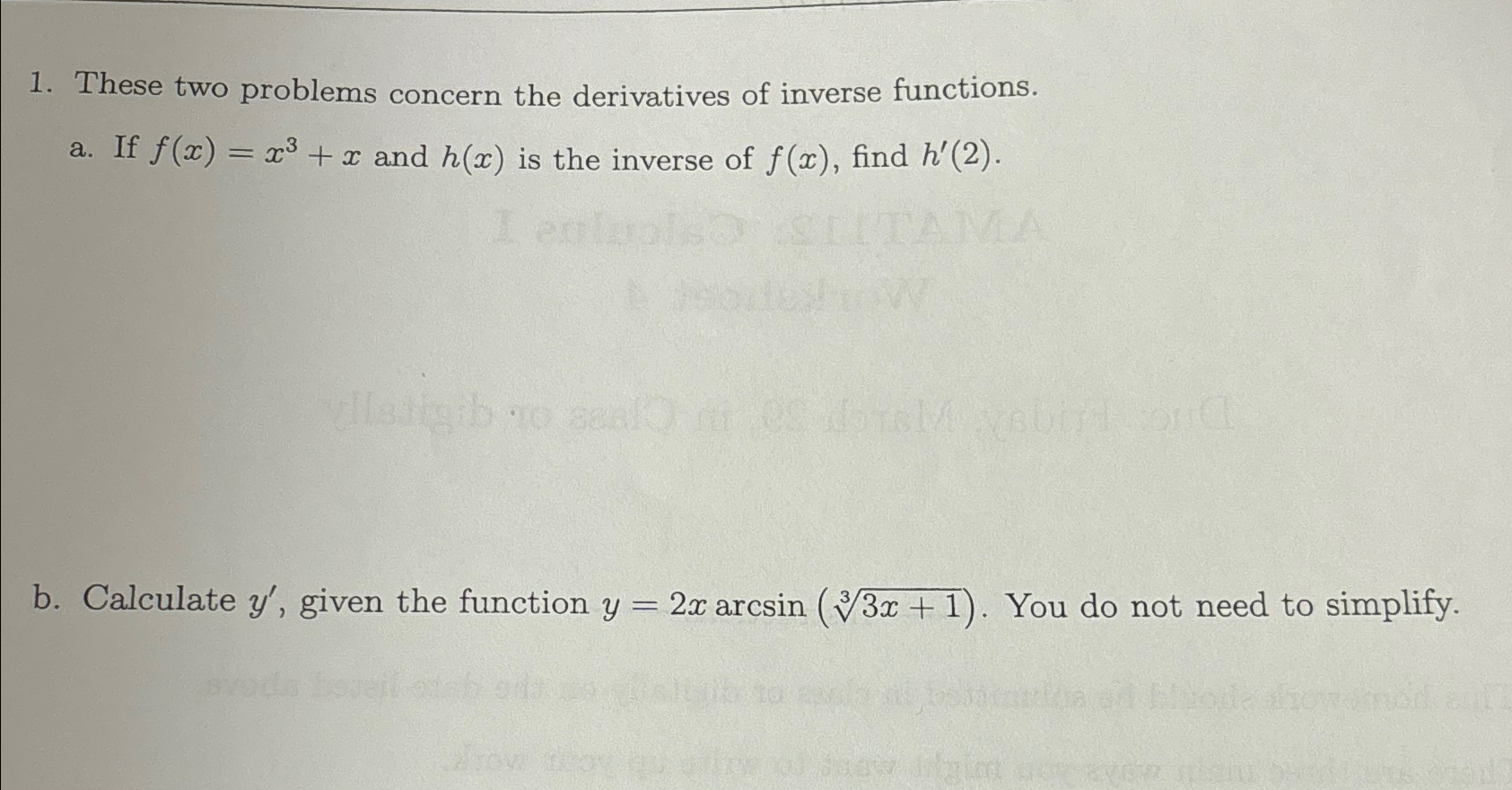 Solved These two problems concern the derivatives of inverse | Chegg.com