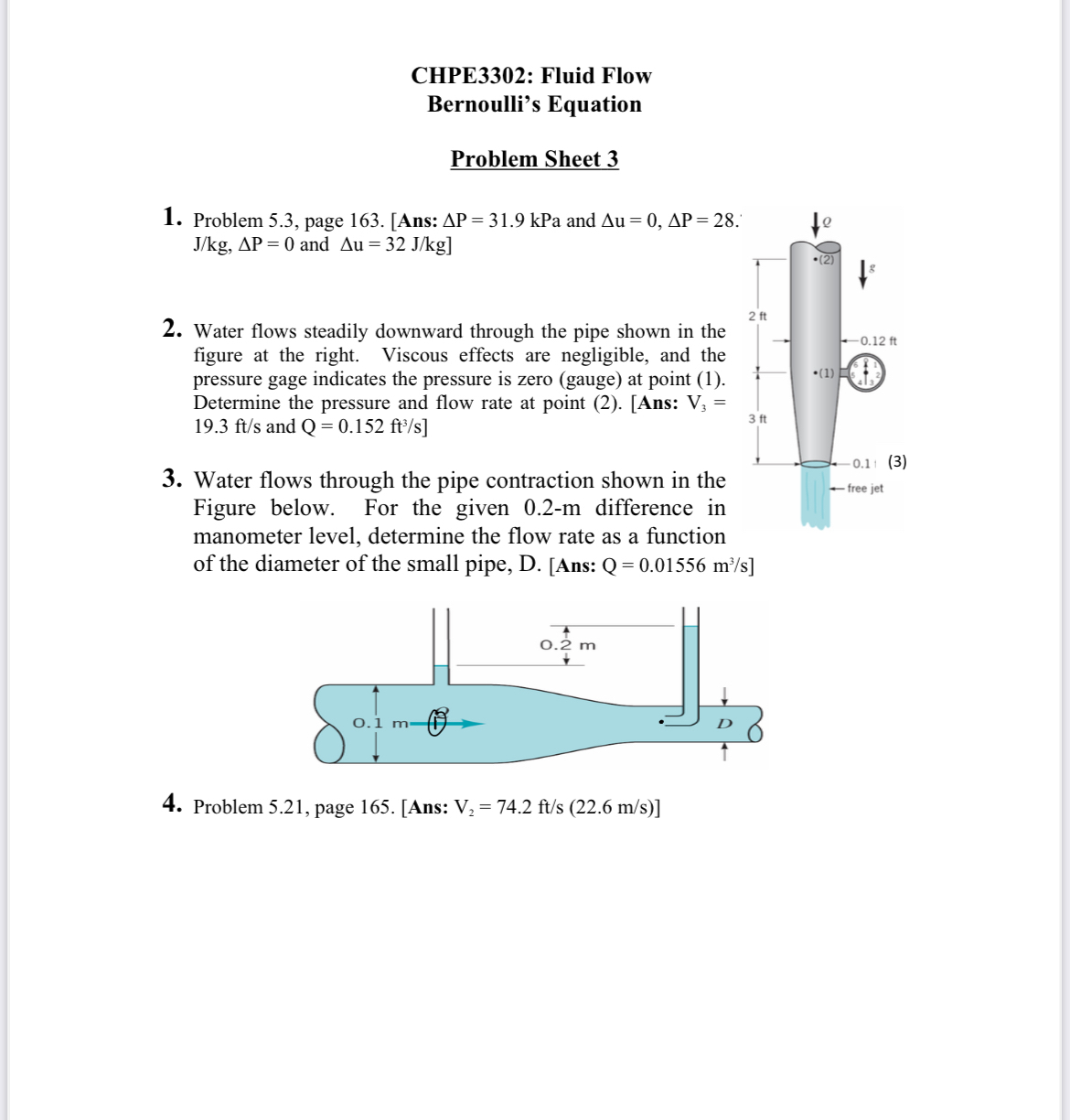 Solved CHPE3302: Fluid FlowBernoulli's EquationProblem Sheet | Chegg.com
