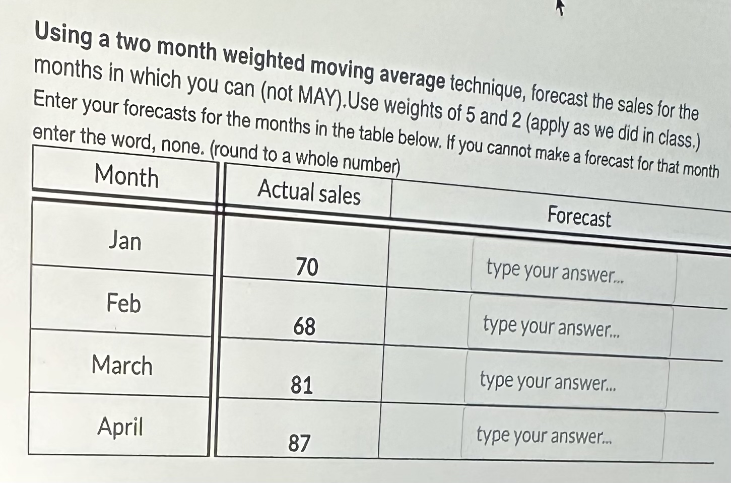Solved Using a two month weighted moving average technique, | Chegg.com