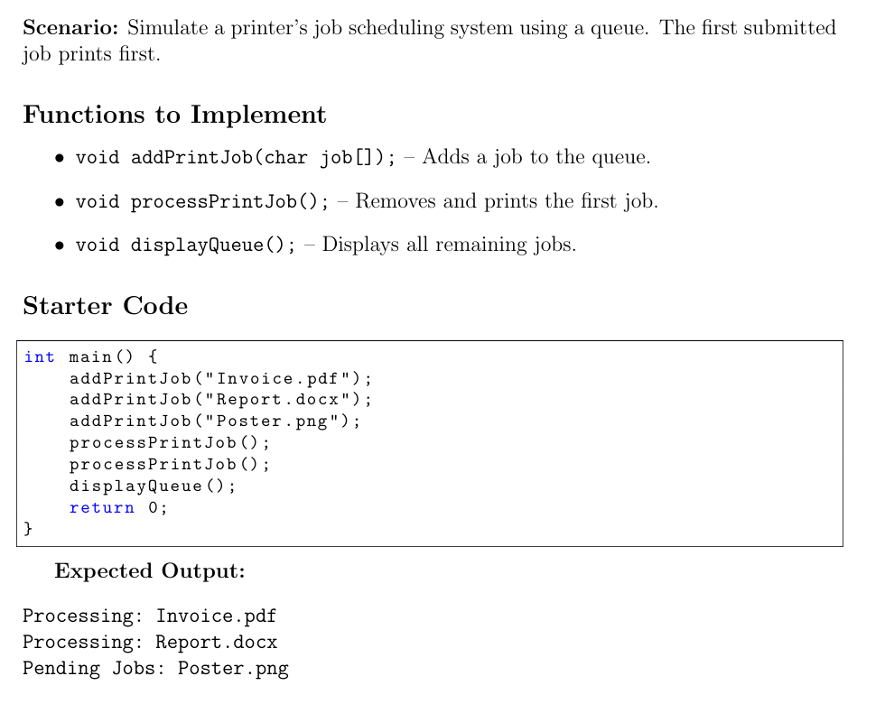 Solved In C Programming Scenario: Simulate a printer's job | Chegg.com