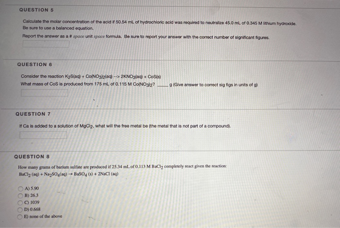 Solved QUESTION 5 Calculate the molar concentration of the | Chegg.com
