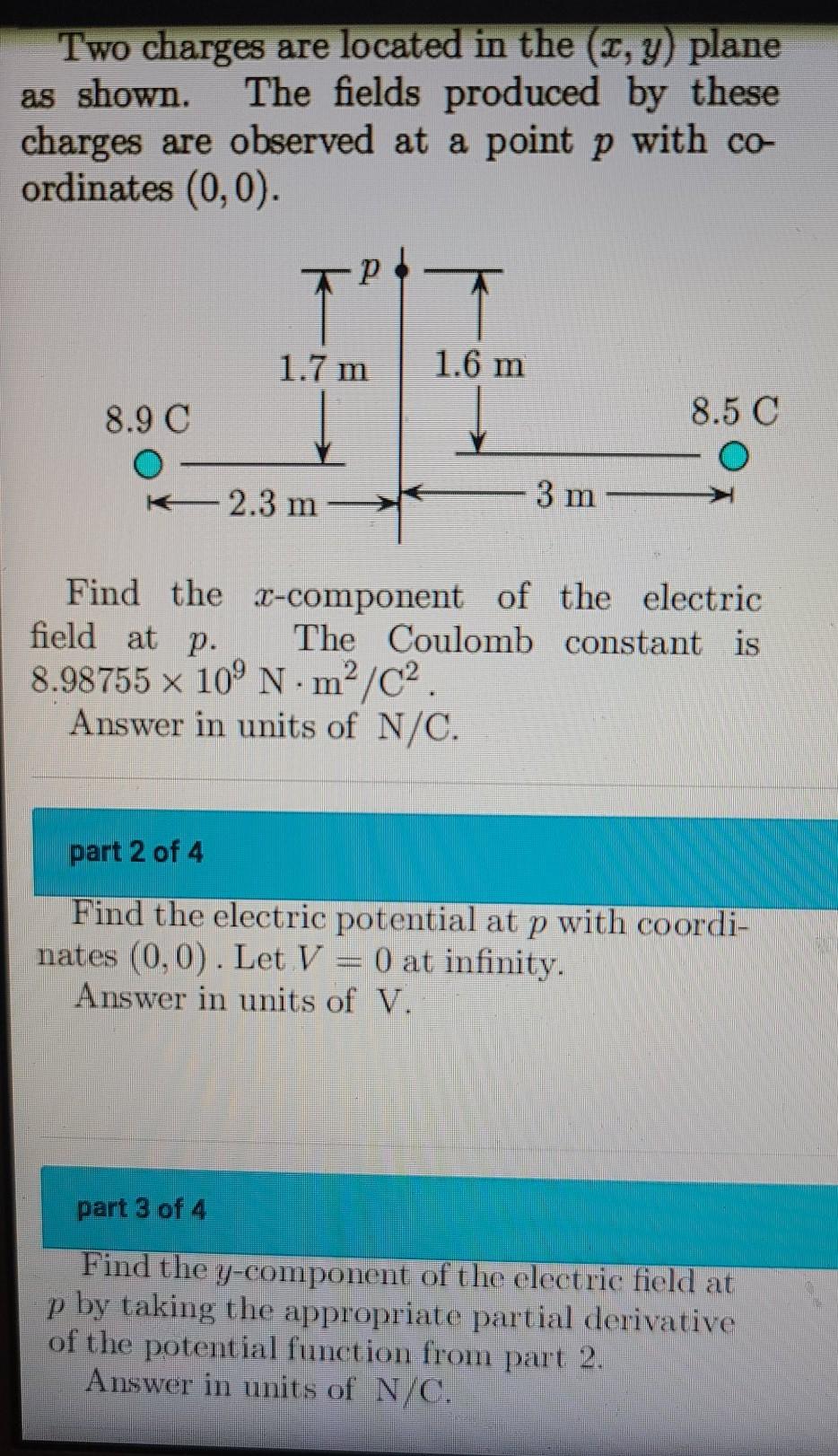 Solved Two charges are located in the (2,y) plane as shown. | Chegg.com