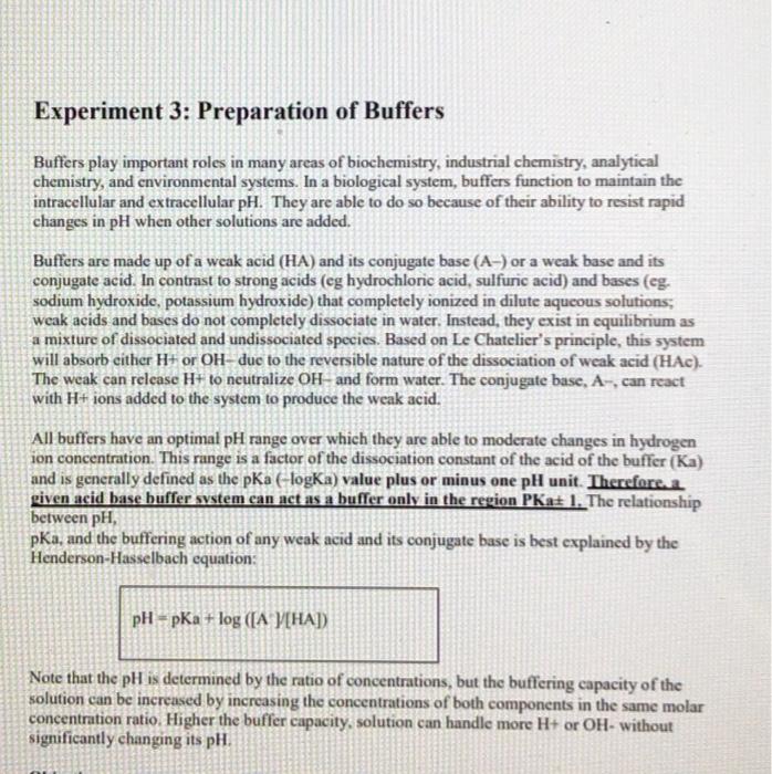 Solved Experiment 3 Preparation of Buffers Buffers play