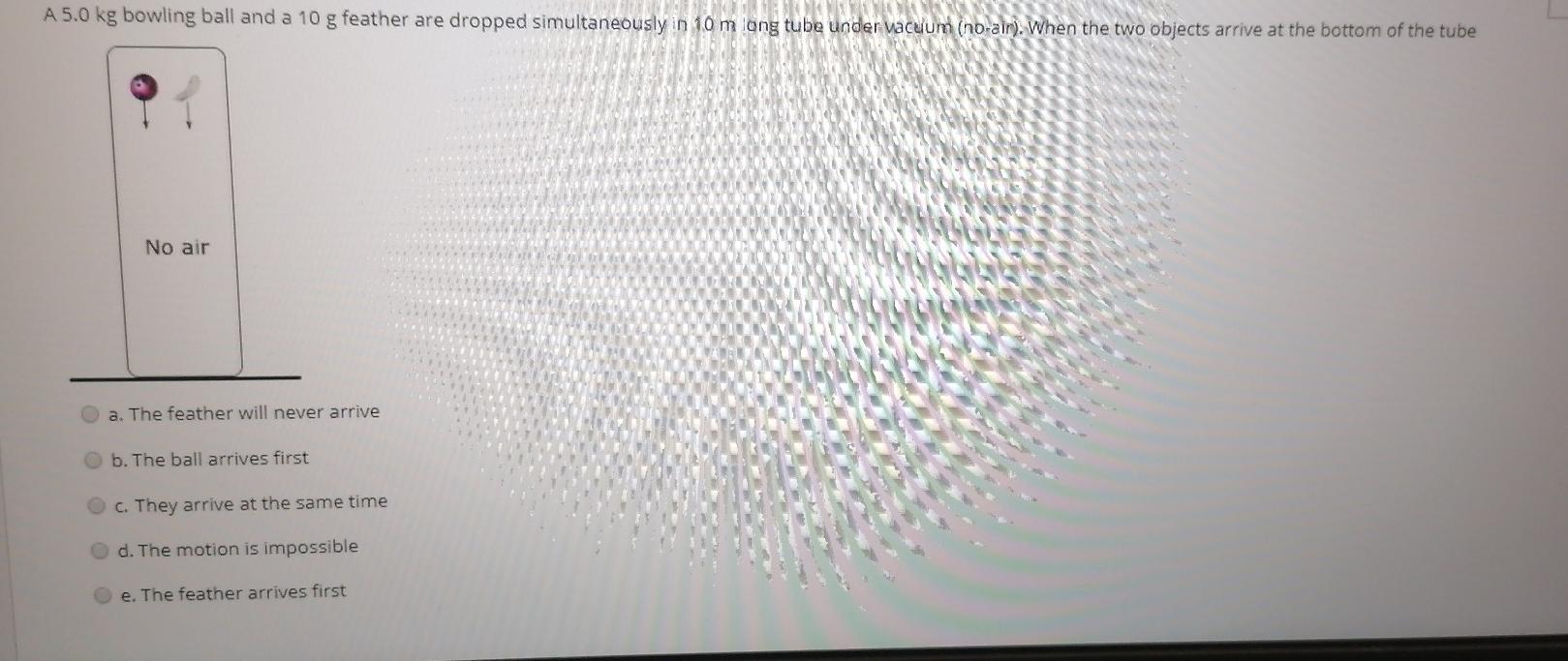 Solved A5.0 kg bowling ball and a 10 g feather are dropped