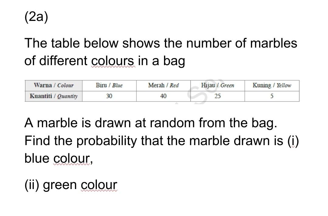Solved (2a) The table below shows the number of marbles of | Chegg.com