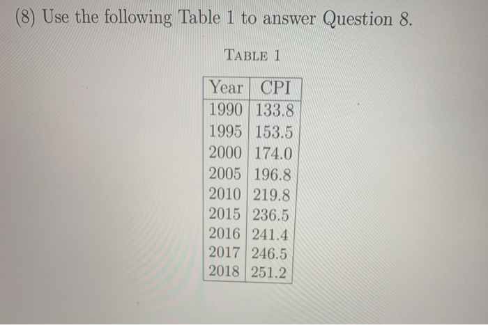 Solved (8) Use the following Table 1 to answer Question 8. | Chegg.com