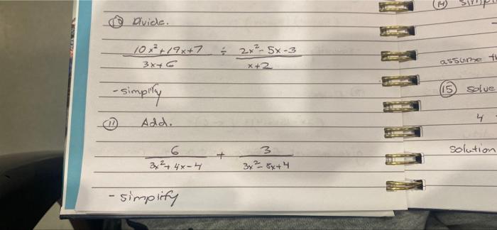 duide. 10x²+19x+7 3x+6 2x²-5x-3 assumeti (15) solue -simpity Add. ។ solution 6 3x2 + 4x-h 3x²5x+4 - simplify